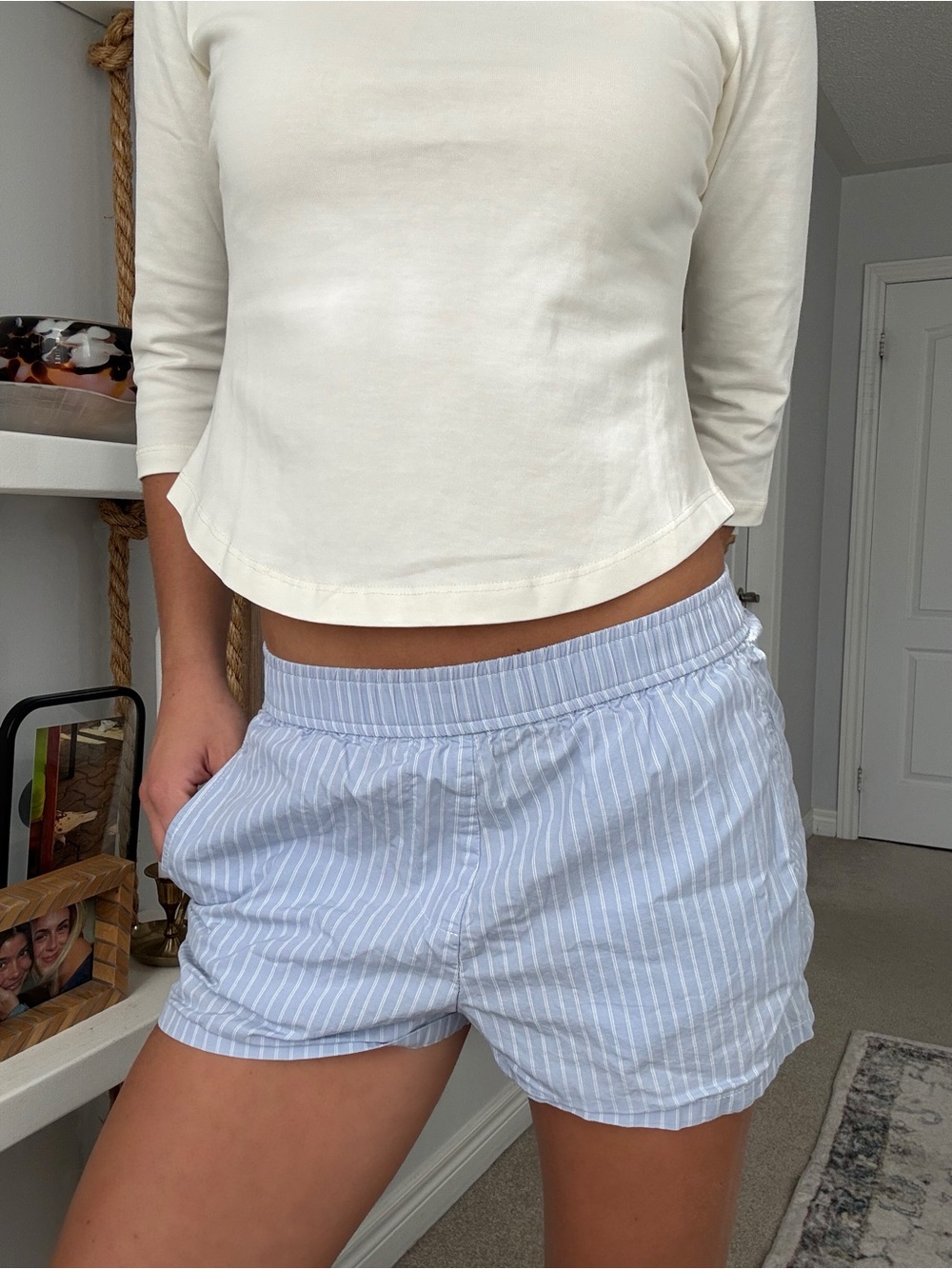 Garage Light Blue and White Striped Lounge Shorts